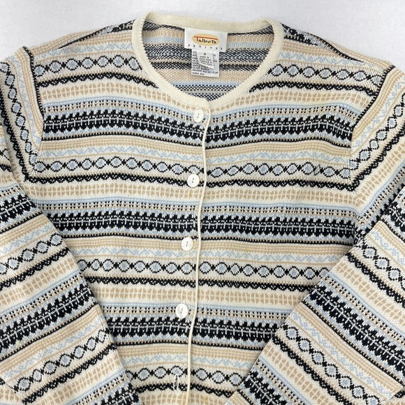 Talbots Beige Cotton Cream Black Light Blue Knitted Cardigan Sweater Womens S - Picture 3 of 8